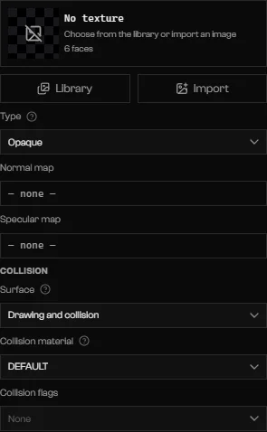 Material section with No texture card, Library and Import buttons, Type Opaque, and the Collision group
