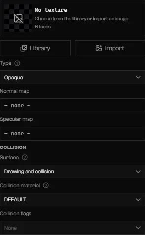 Material section with No texture card, Library and Import buttons, Type Opaque, and the Collision group