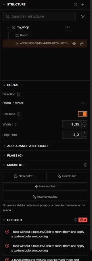 Ficha del portal con dirección de la sala a la calle, Entrada activada, Anchura y Altura, y las secciones Aspecto y sonido y Flags cerradas