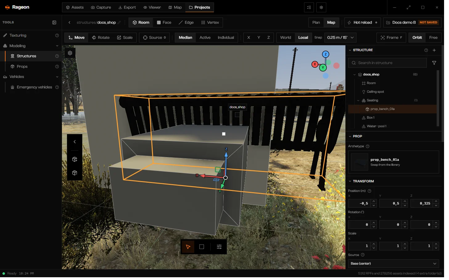 Bench prop selected in the scene with the Prop section and Transform fields on the right