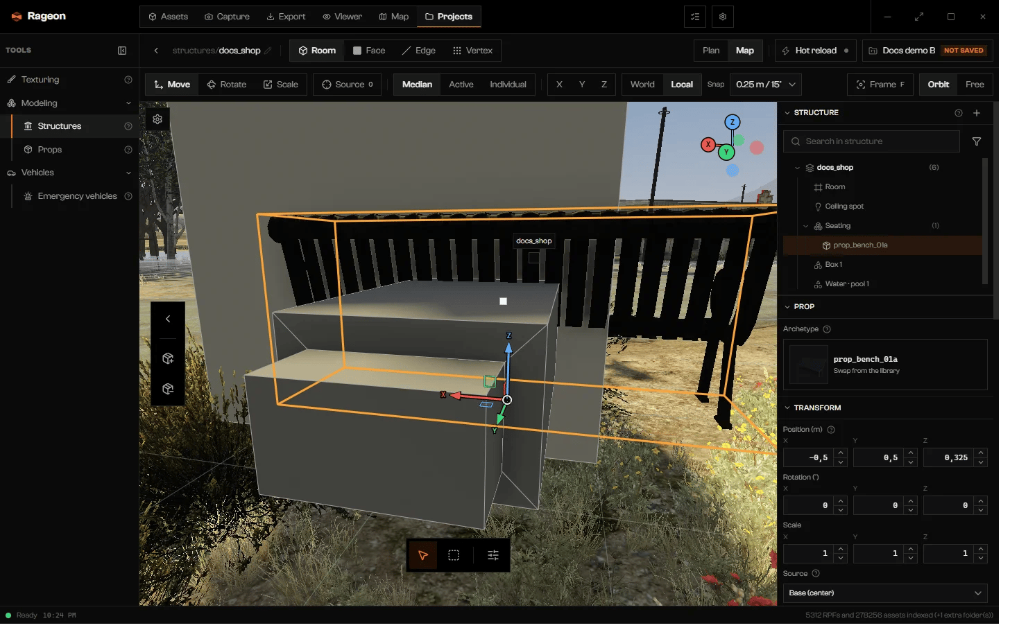 Bench prop selected in the scene with the Prop section and Transform fields on the right