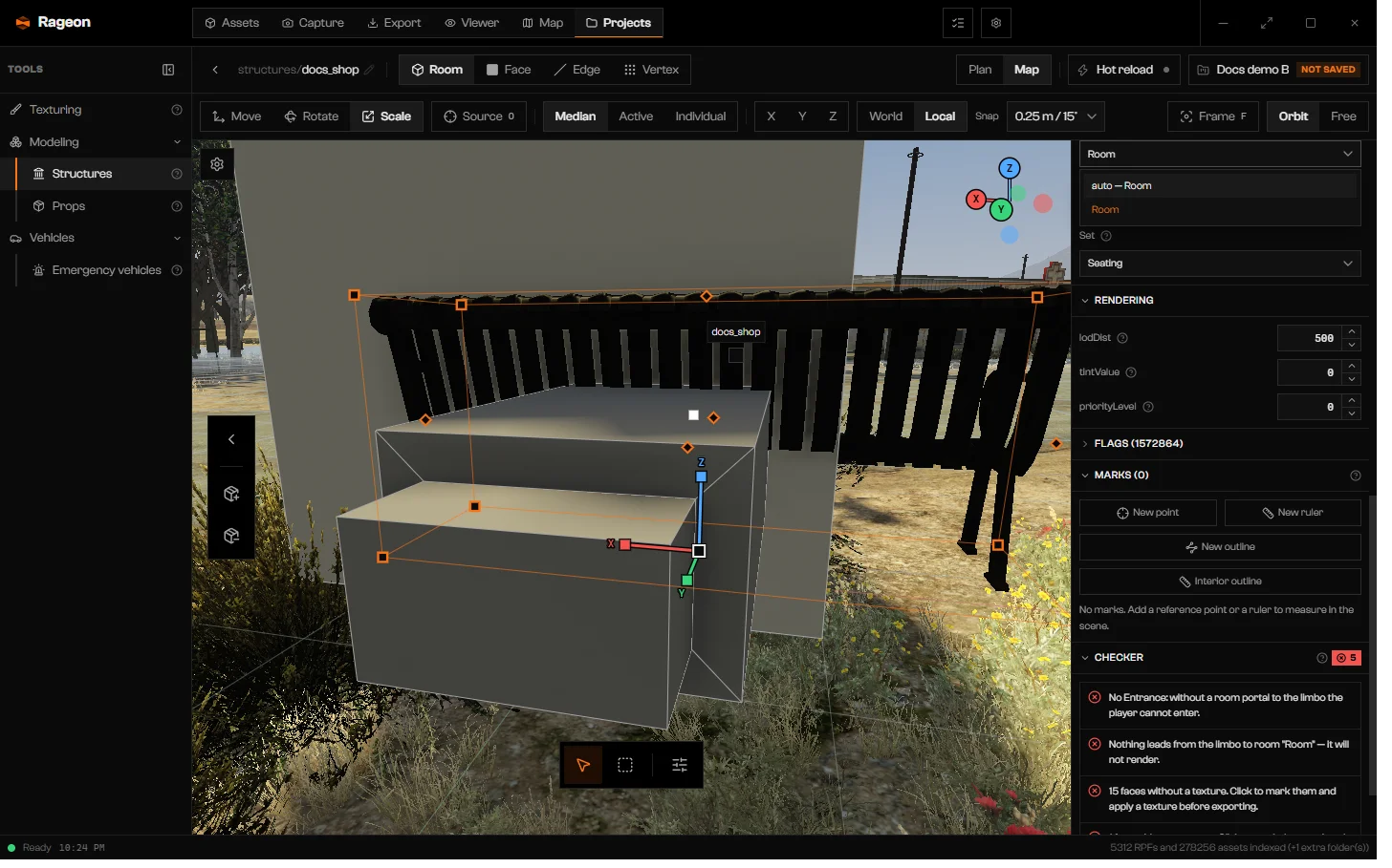 Placement section with the Room list open and Portal and Set below