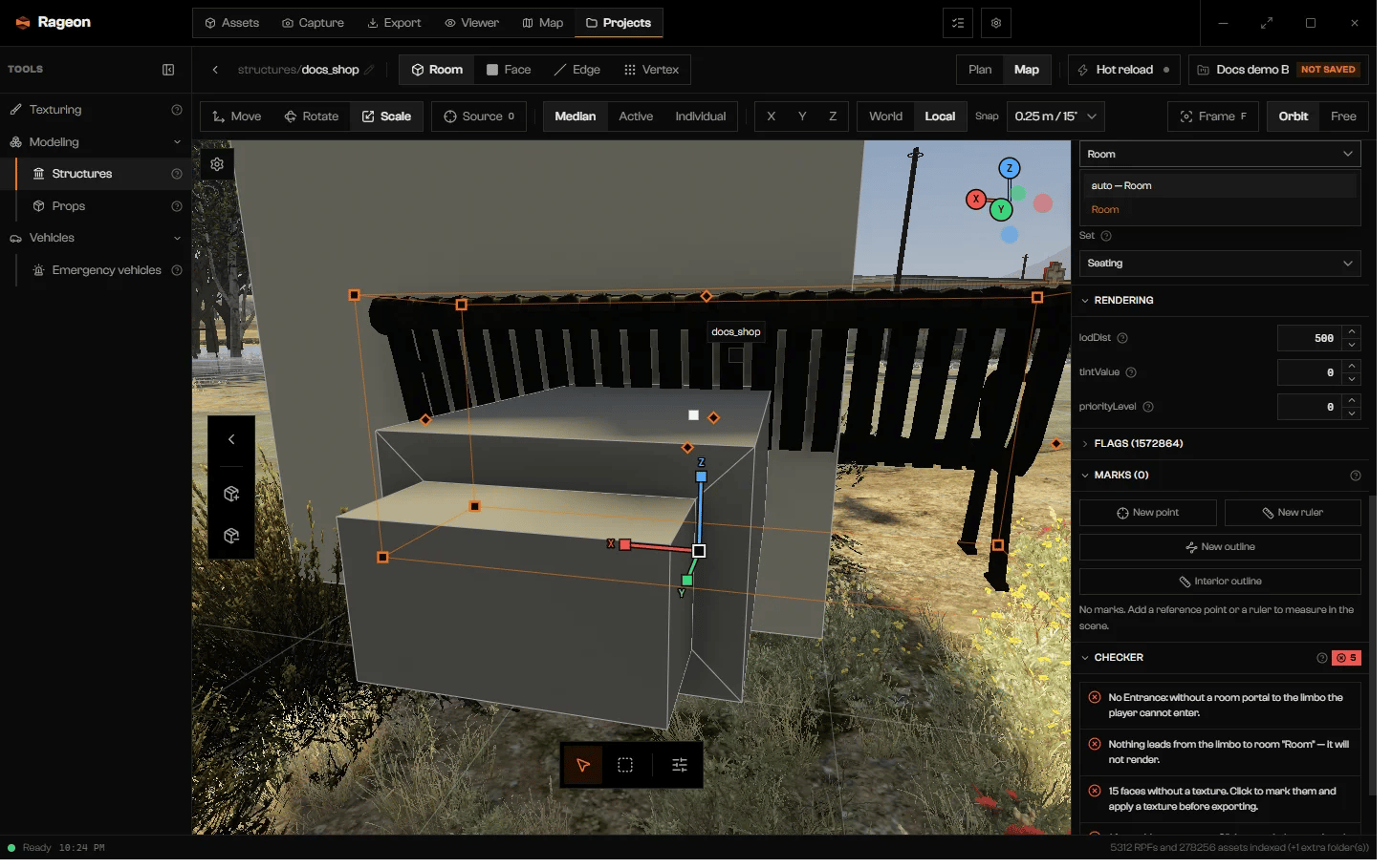 Placement section with the Room list open and Portal and Set below