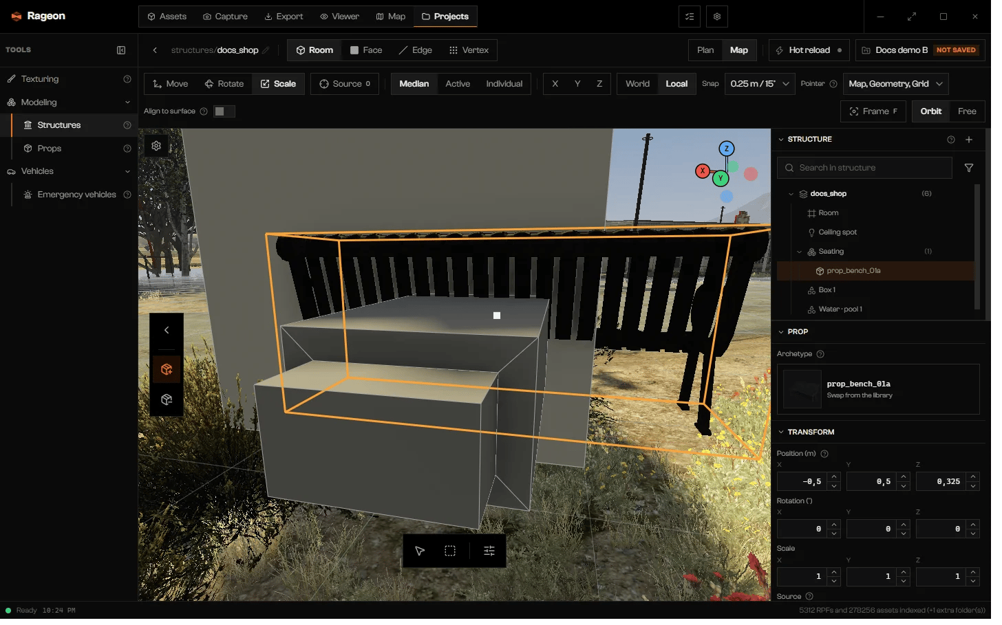 Transform bar showing Pointer set to Map, Geometry, Grid and the Align to surface switch, with the prop dock open