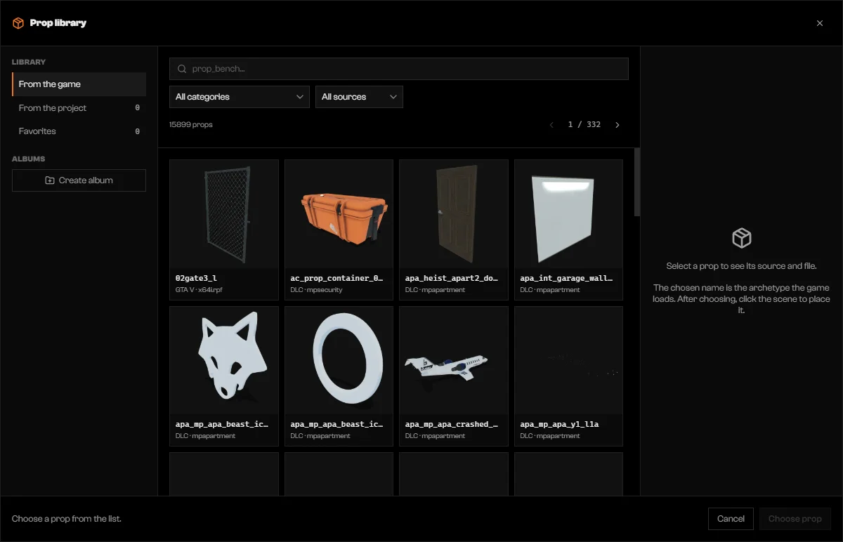 Prop library dialog with navigation on the left, a grid of prop tiles, and an empty details panel