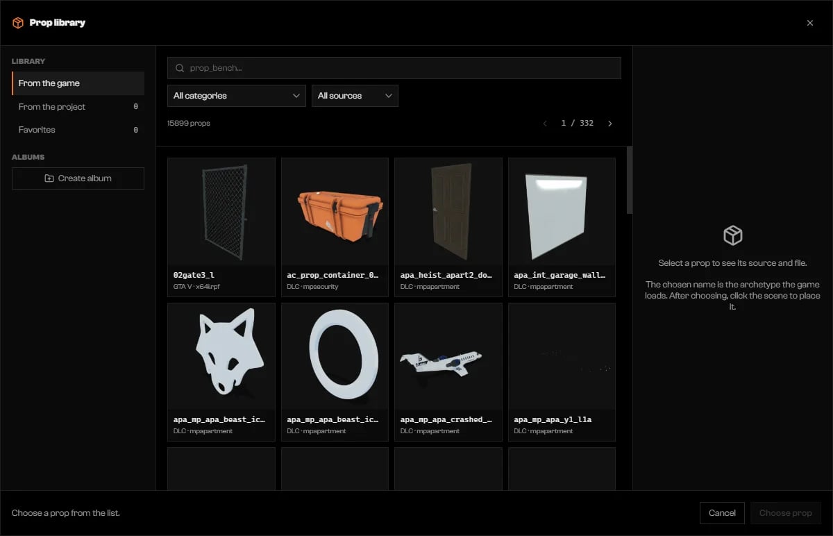 Prop library dialog with navigation on the left, a grid of prop tiles, and an empty details panel