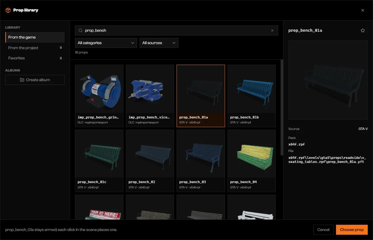 Prop library filtered to prop_bench with prop_bench_01a selected and its details on the right