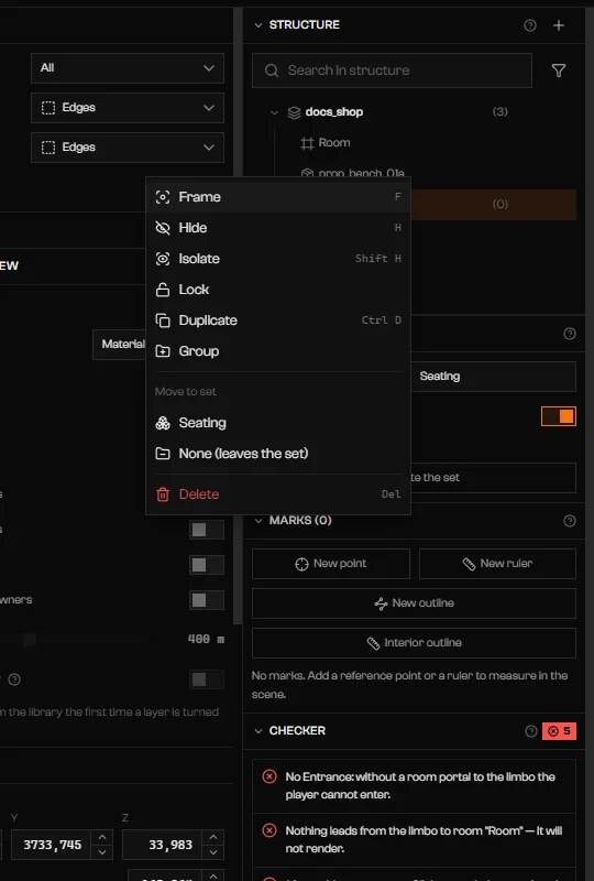 Context menu with Move to set listing Seating and None (leaves the set)