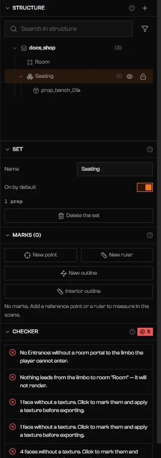 Set section with Name, On by default switch, 1 prop, and Delete the set