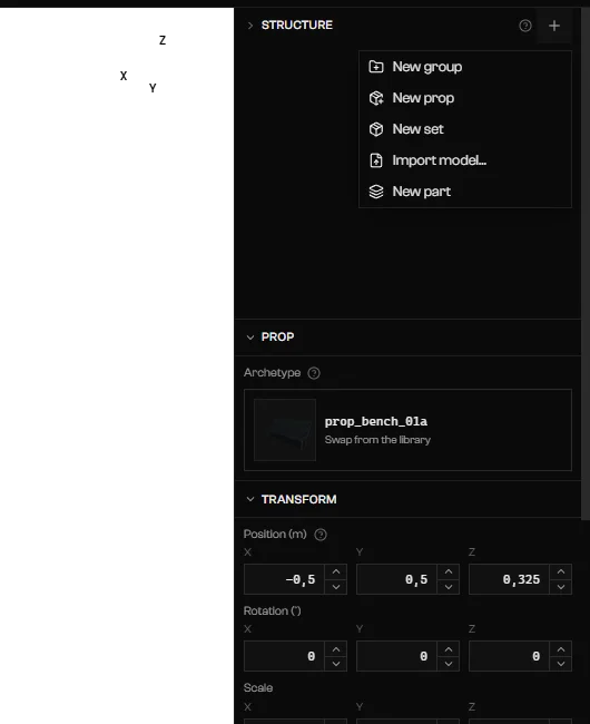 Add to structure menu with New group, New prop, New set, Import model, and New part