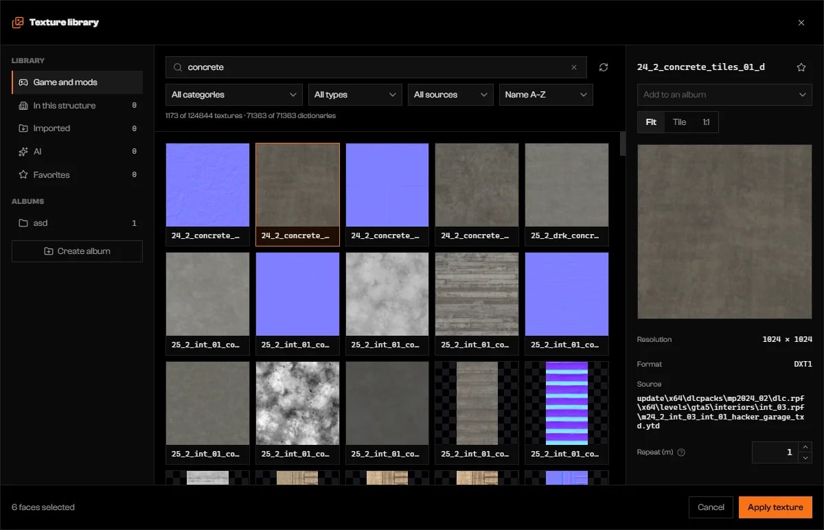Texture library filtered to concrete with a tile selected and its preview, resolution, format, source, and repeat