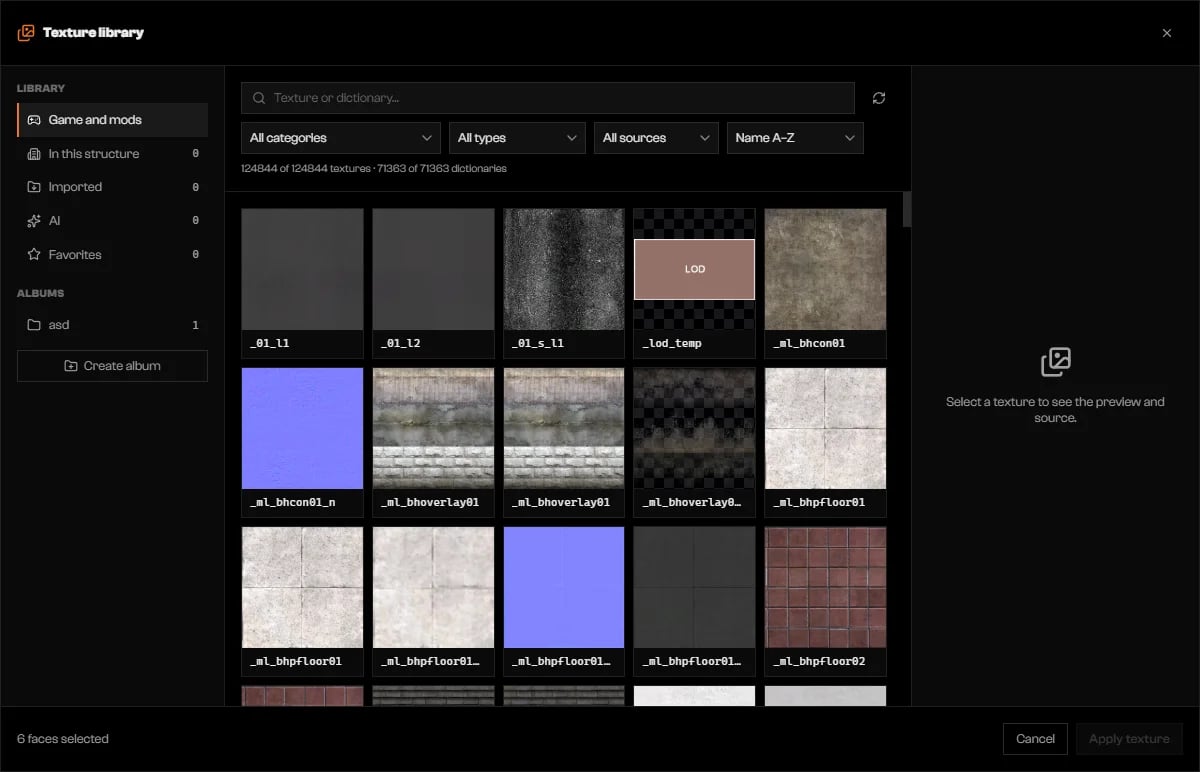 Texture library dialog with navigation, search, Category, Type, Source, and Sort filters, and a grid of game textures