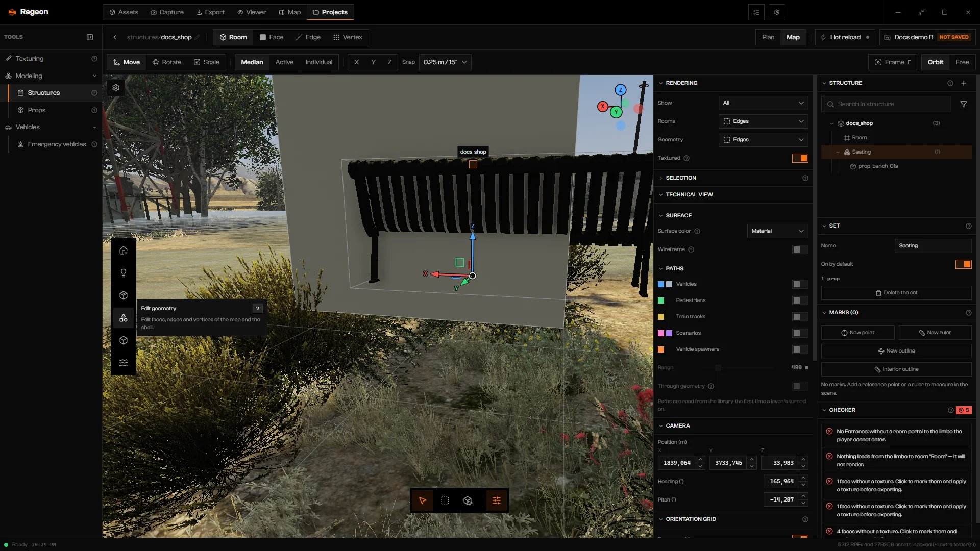 Structure tools dock with six icon buttons and the Edit geometry tooltip open