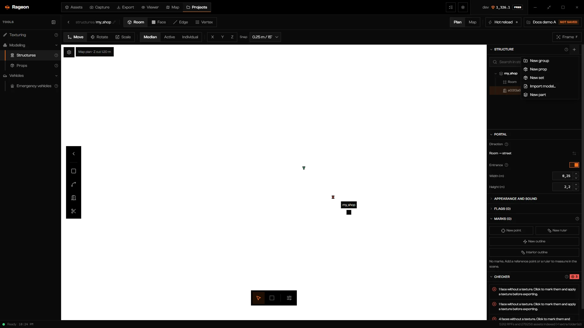 Add to structure menu with New group, New prop, New set, Import model, and New part
