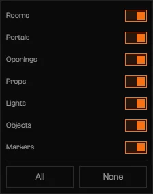 Panel Filtrar tipos con interruptores para Salas, Portales, Vanos, Accesorios, Luces, Objetos y Marcadores, y los botones Todo y Ninguno