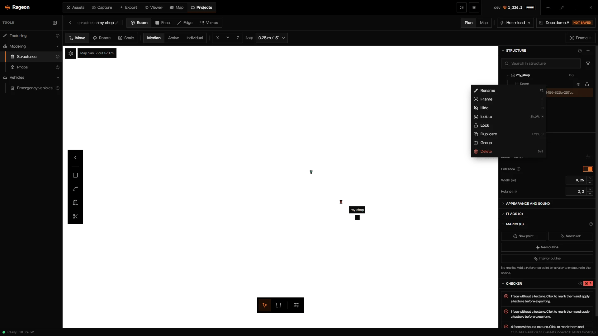 Context menu with Rename, Frame, Hide, Isolate, Lock, Duplicate, Group, and Delete