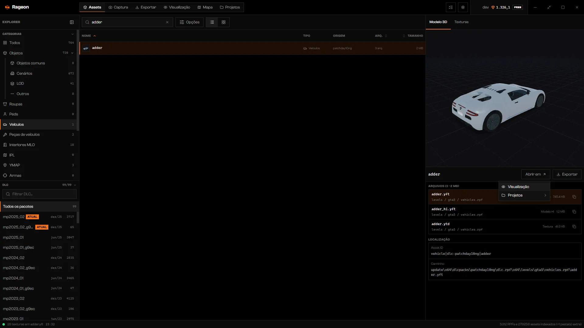 Menu Abrir em de adder com Visualização e Projetos
