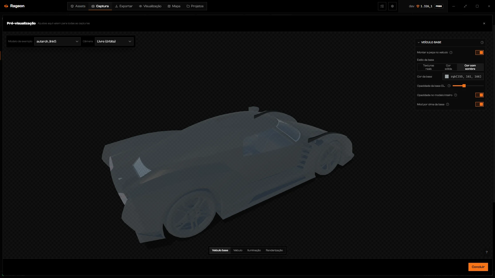Prévia de uma peça sobre um carro translúcido com Estilo da base e Opacidade da base