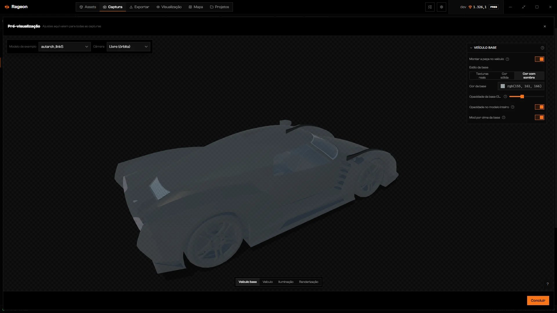 Prévia de uma peça sobre um carro translúcido com Estilo da base e Opacidade da base