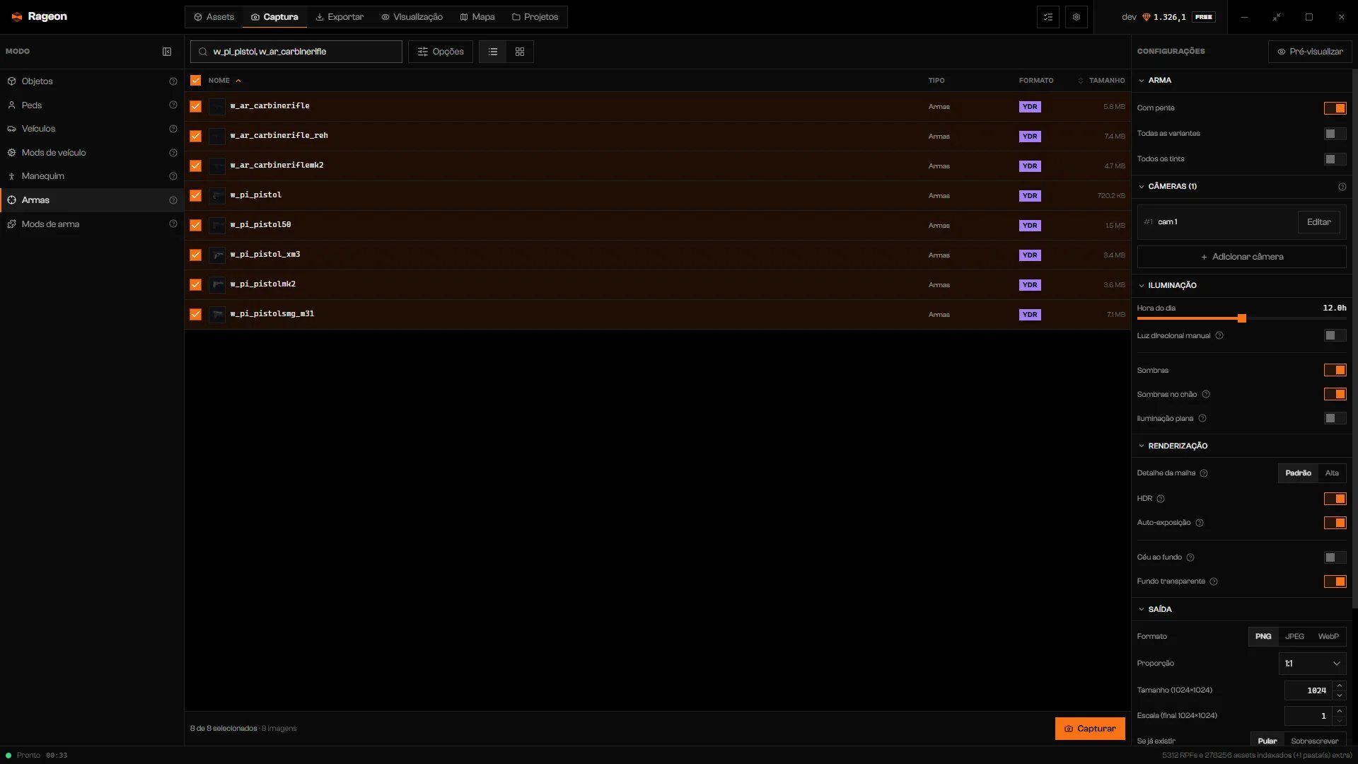 Modo Armas com oito armas selecionadas e os interruptores Com pente, Todas as variantes e Todos os tints