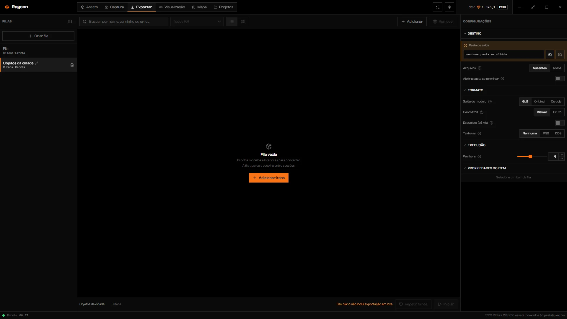 Nova fila sem itens, o botão Adicionar itens e o painel Configurações