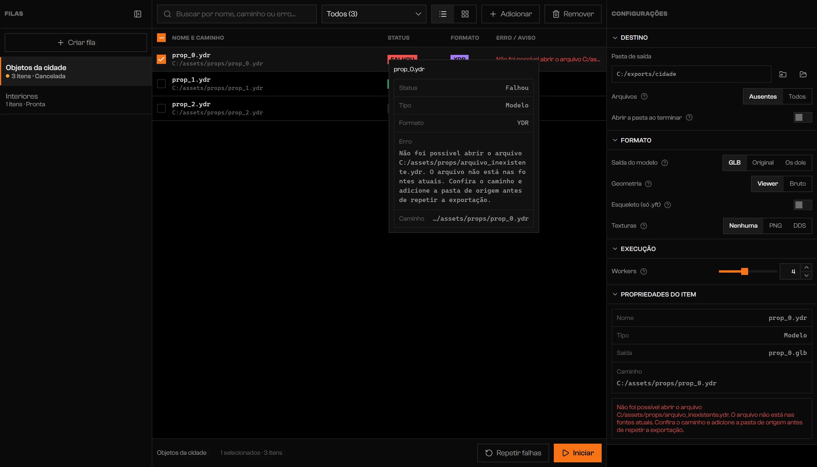 Item com falha selecionado, com a mensagem de erro e o botão Repetir falhas