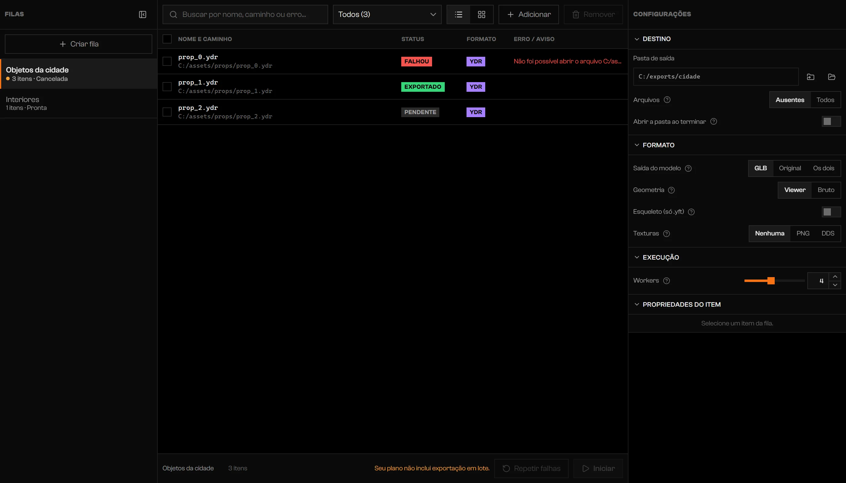 Iniciar e Repetir falhas desativados com a mensagem Seu plano não inclui batch export