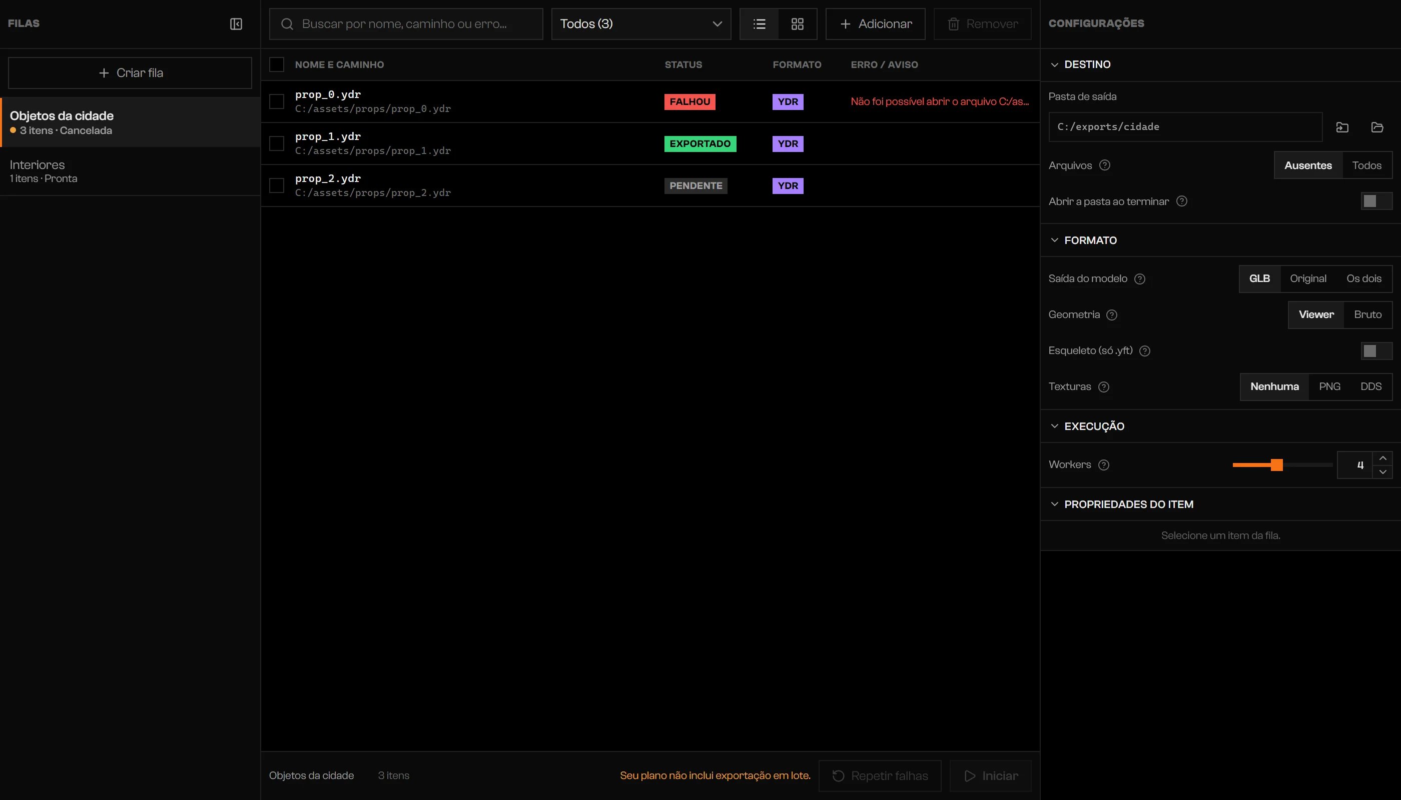Iniciar e Repetir falhas desativados com a mensagem Seu plano não inclui batch export