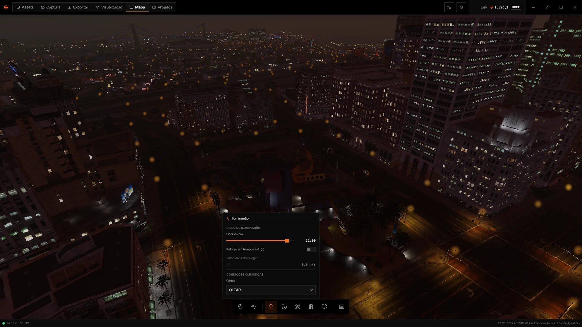 Painel de Iluminação com Hora do dia às 22:00 sobre Los Santos à noite
