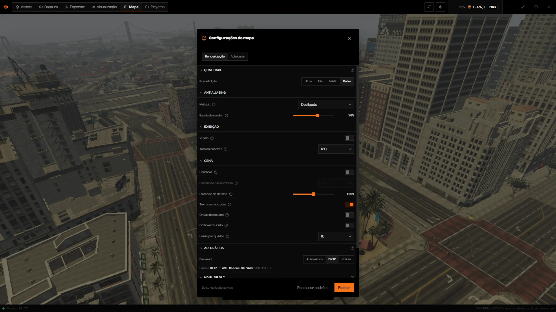 Configurações do mapa com a predefinição Baixa selecionada, sombras desligadas e o Método de antialiasing em Desligado