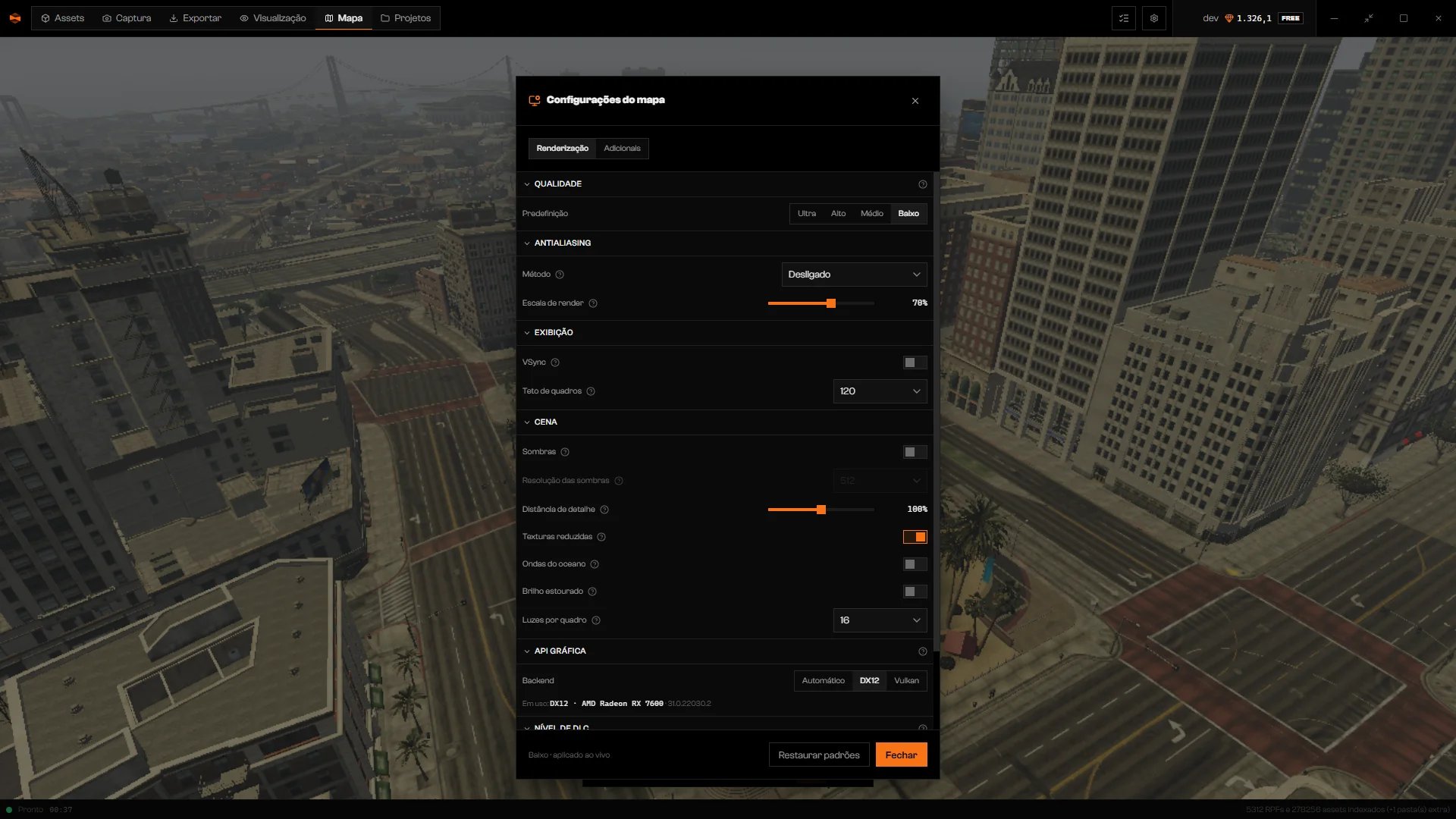 Configurações do mapa com a predefinição Baixa selecionada, sombras desligadas e o Método de antialiasing em Desligado