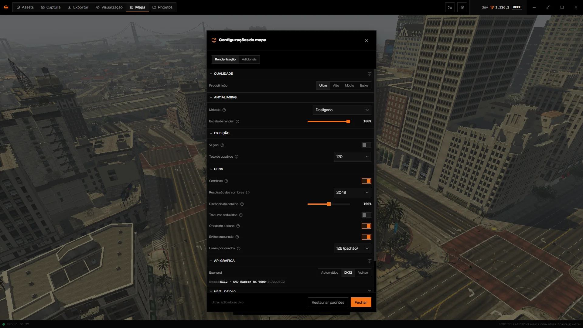 Diálogo de configurações do mapa na aba Renderização mostrando as seções Predefinições de qualidade, Antialiasing, Exibição, Cena e API gráfica