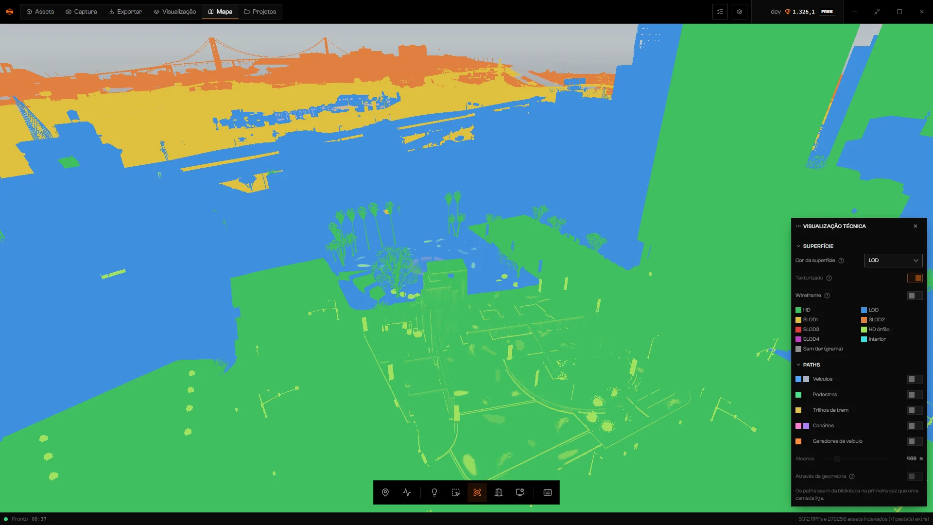 Visualização técnica com Cor da superfície em LOD, pintando a cidade por nível de detalhe, e a legenda de LOD visível