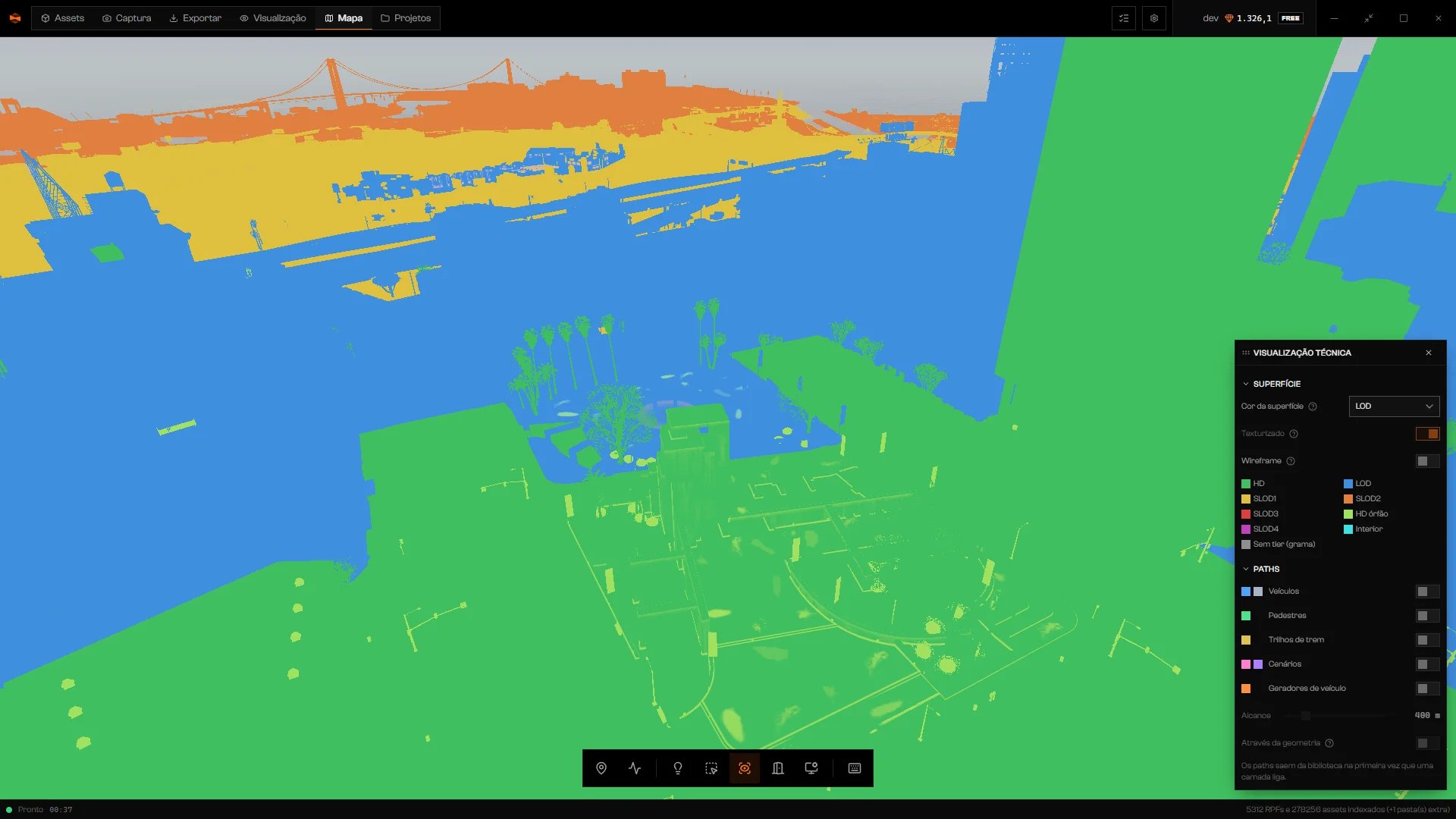 Visualização técnica com Cor da superfície em LOD, pintando a cidade por nível de detalhe, e a legenda de LOD visível