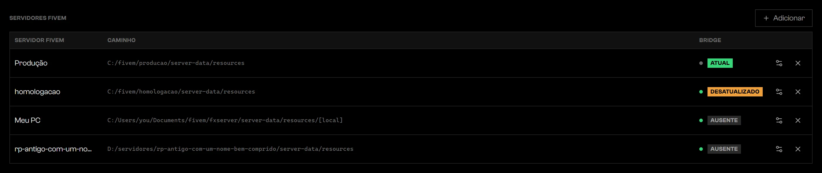 Configurações do Bridge listando servidores FiveM com pontos de online e selos do bridge