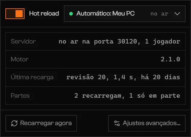 Popover de Hot reload com o interruptor ligado, o servidor My PC online e Recarregar agora