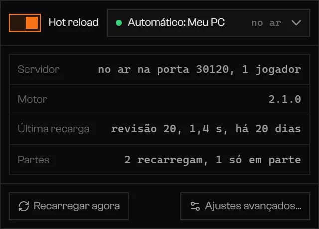 Popover de Hot reload com o interruptor ligado, o servidor My PC online e Recarregar agora