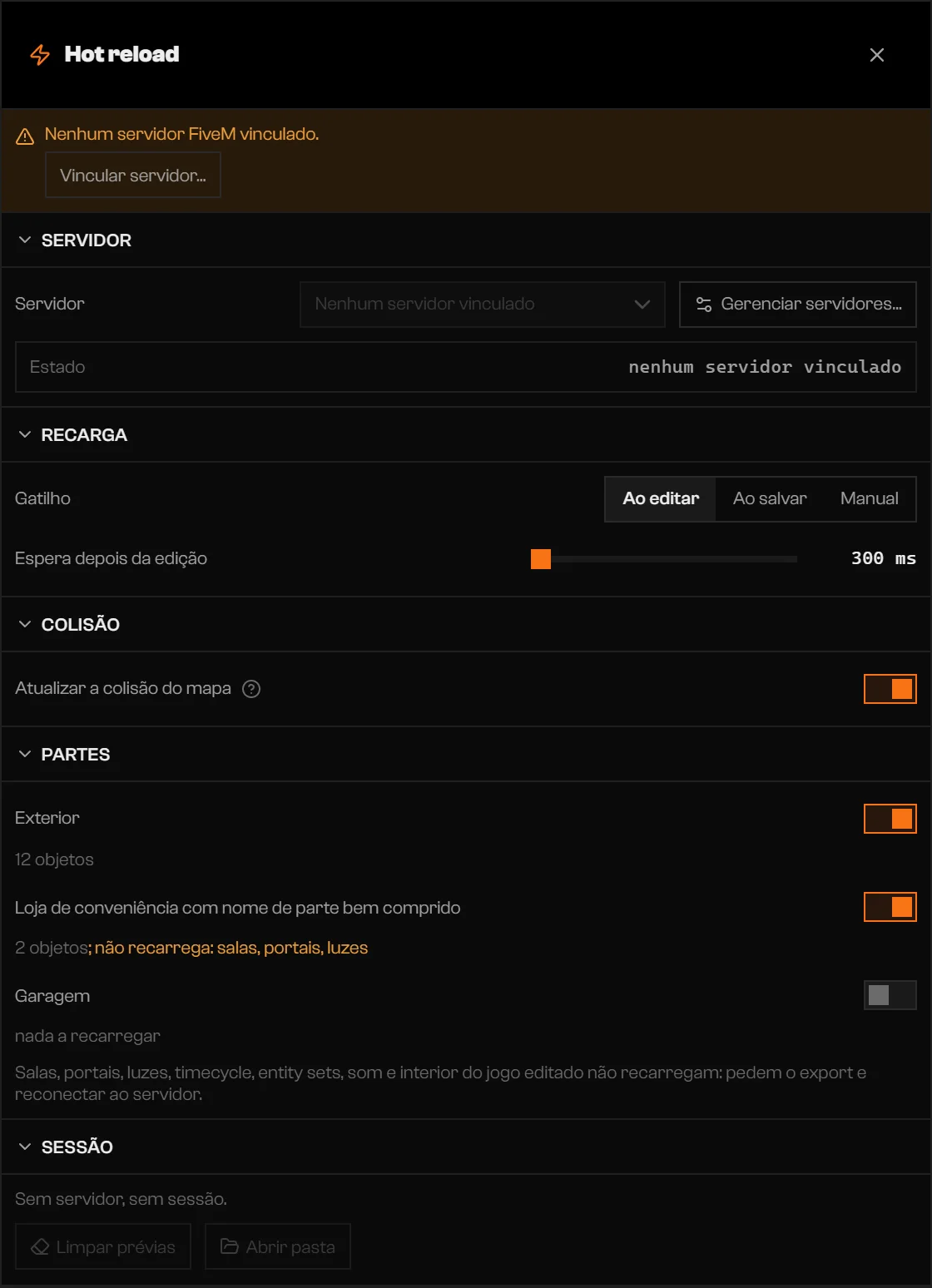 Ajustes do Hot reload com as seções Servidor, Recarregar, Colisão, Peças e Sessão