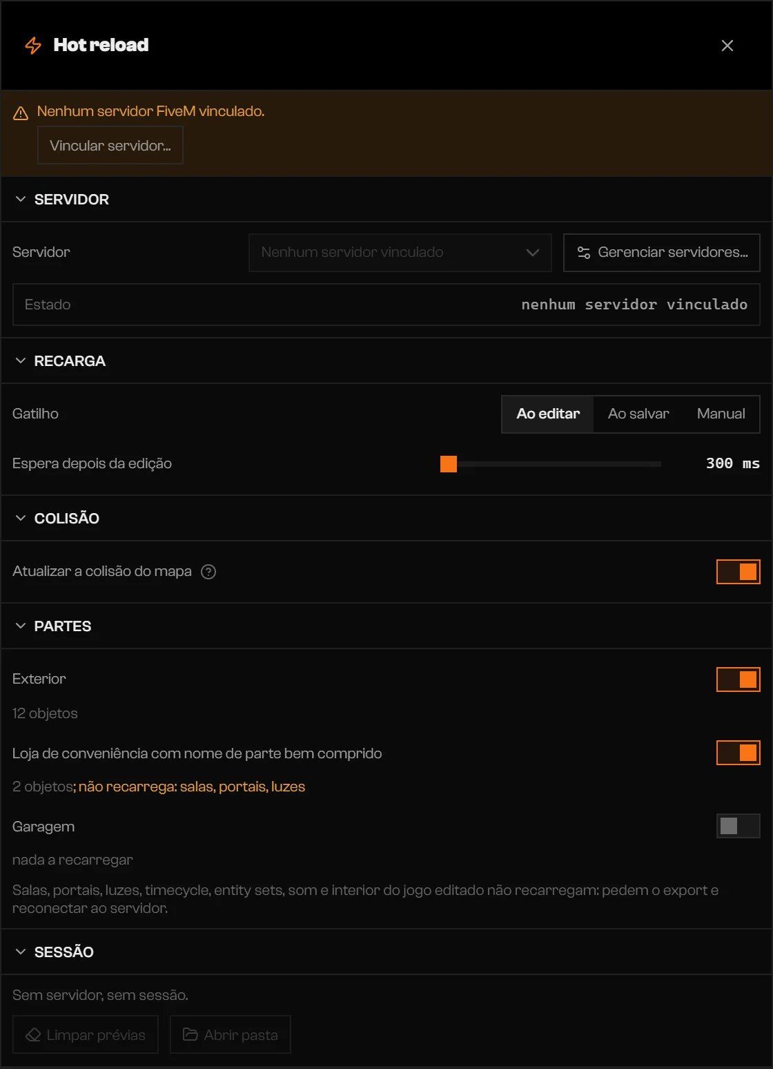 Ajustes do Hot reload com as seções Servidor, Recarregar, Colisão, Peças e Sessão