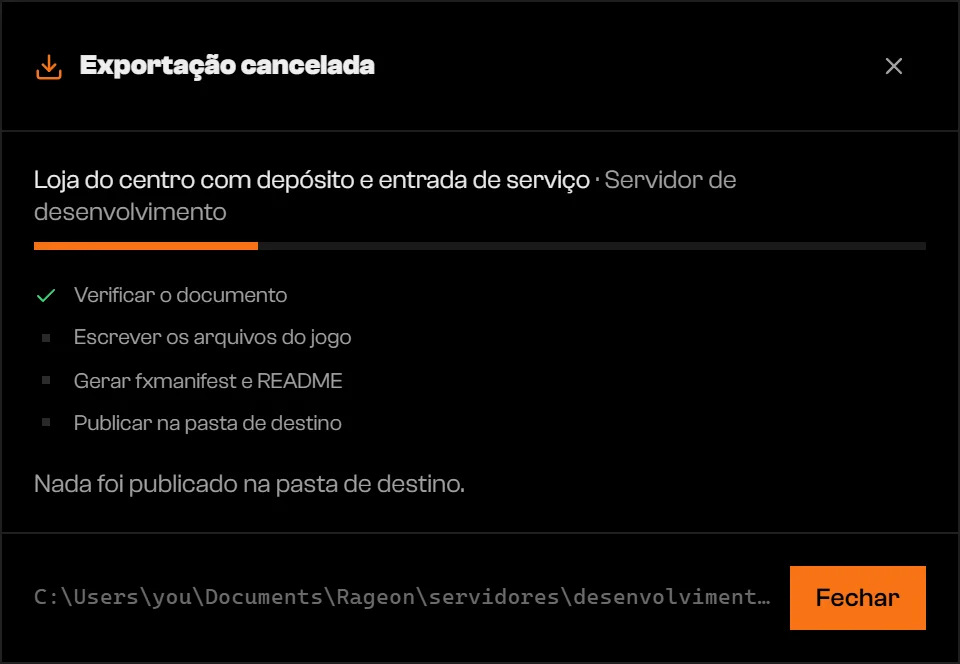 Diálogo de exportação cancelada dizendo que nada foi publicado