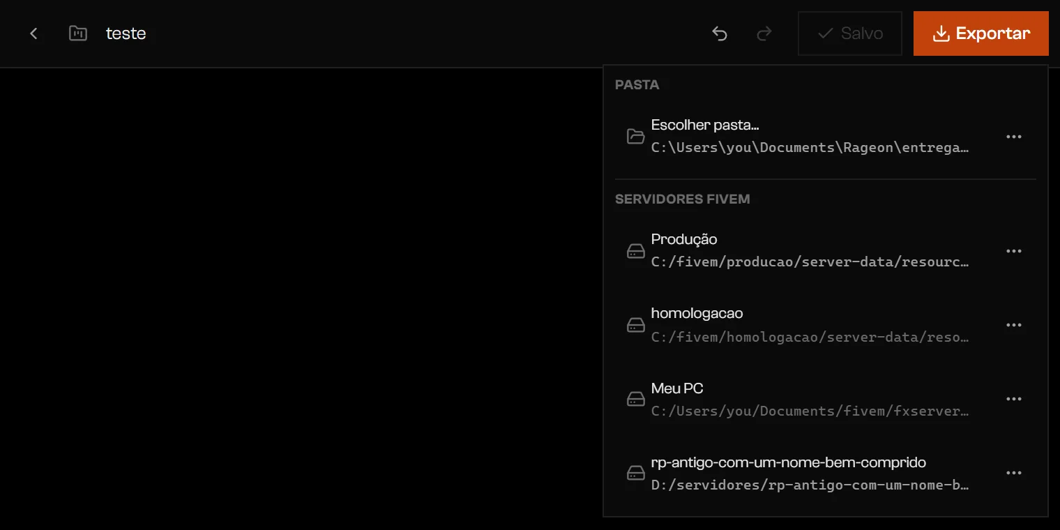 Menu Exportar com Escolher pasta e uma lista de servidores FiveM