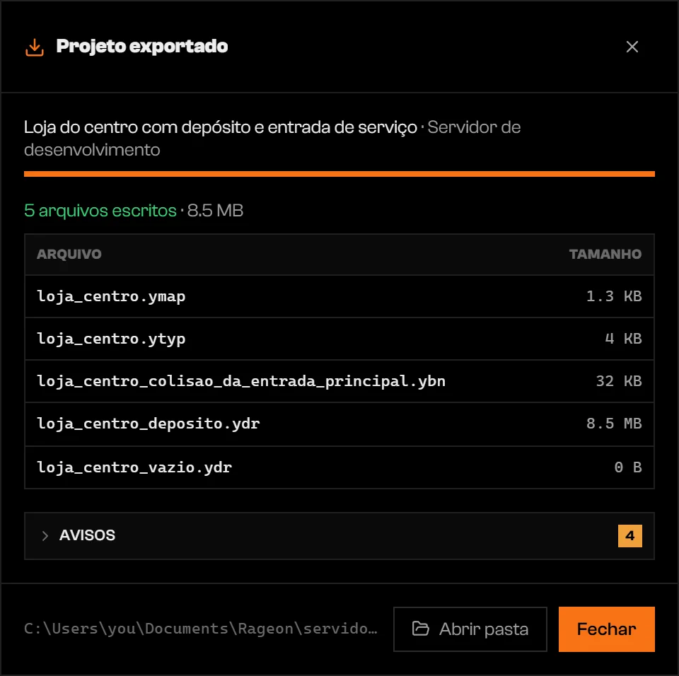 Diálogo Projeto exportado com uma seção Avisos mostrando 4