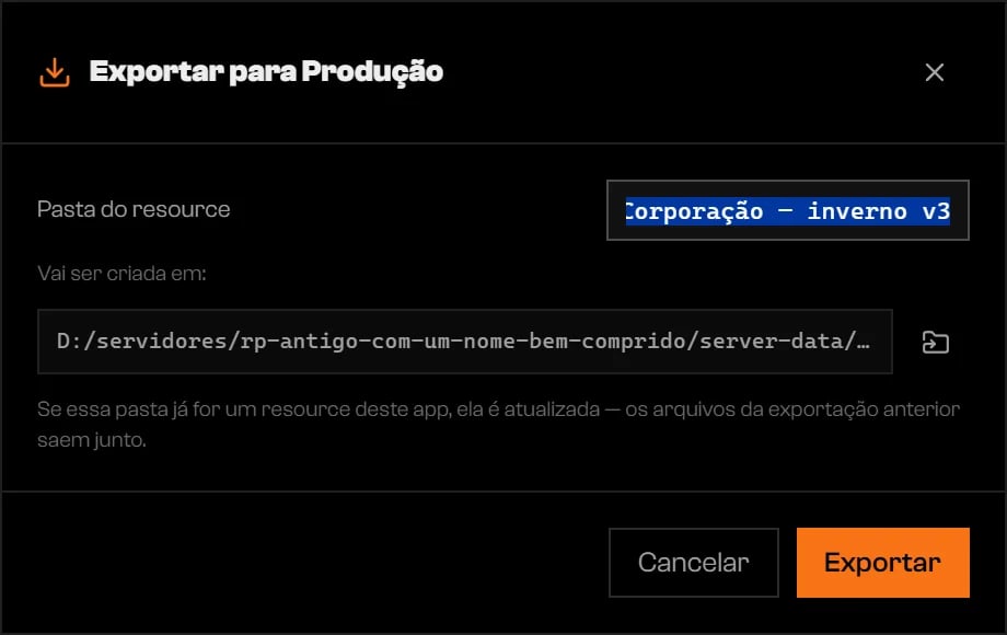 Diálogo Exportar para uma pasta com o campo Pasta do resource e o caminho final