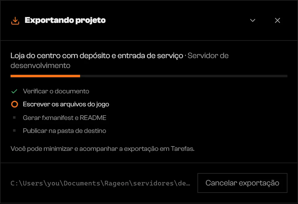 Diálogo Exportando projeto com quatro fases e Cancelar exportação