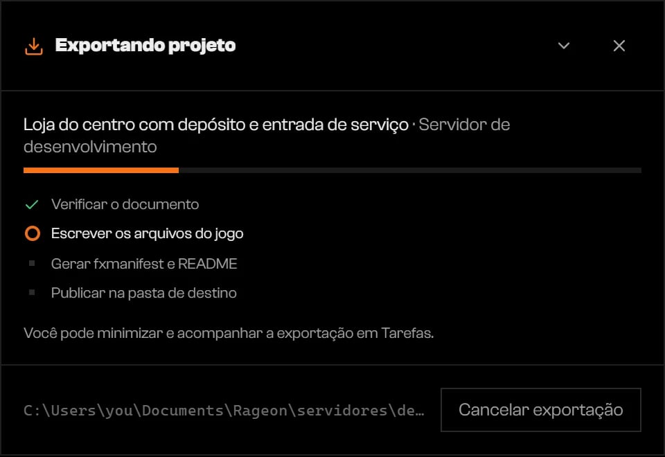 Diálogo Exportando projeto com quatro fases e Cancelar exportação