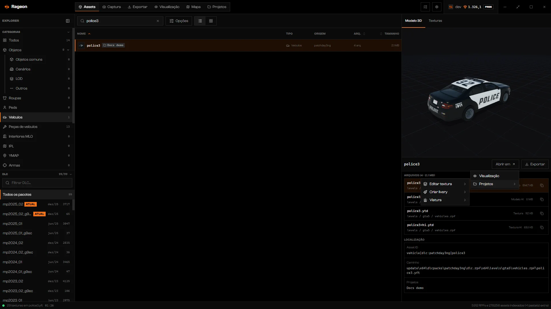 Submenu Abrir em Projetos do police3 com Editar textura, Criar livery e Viatura