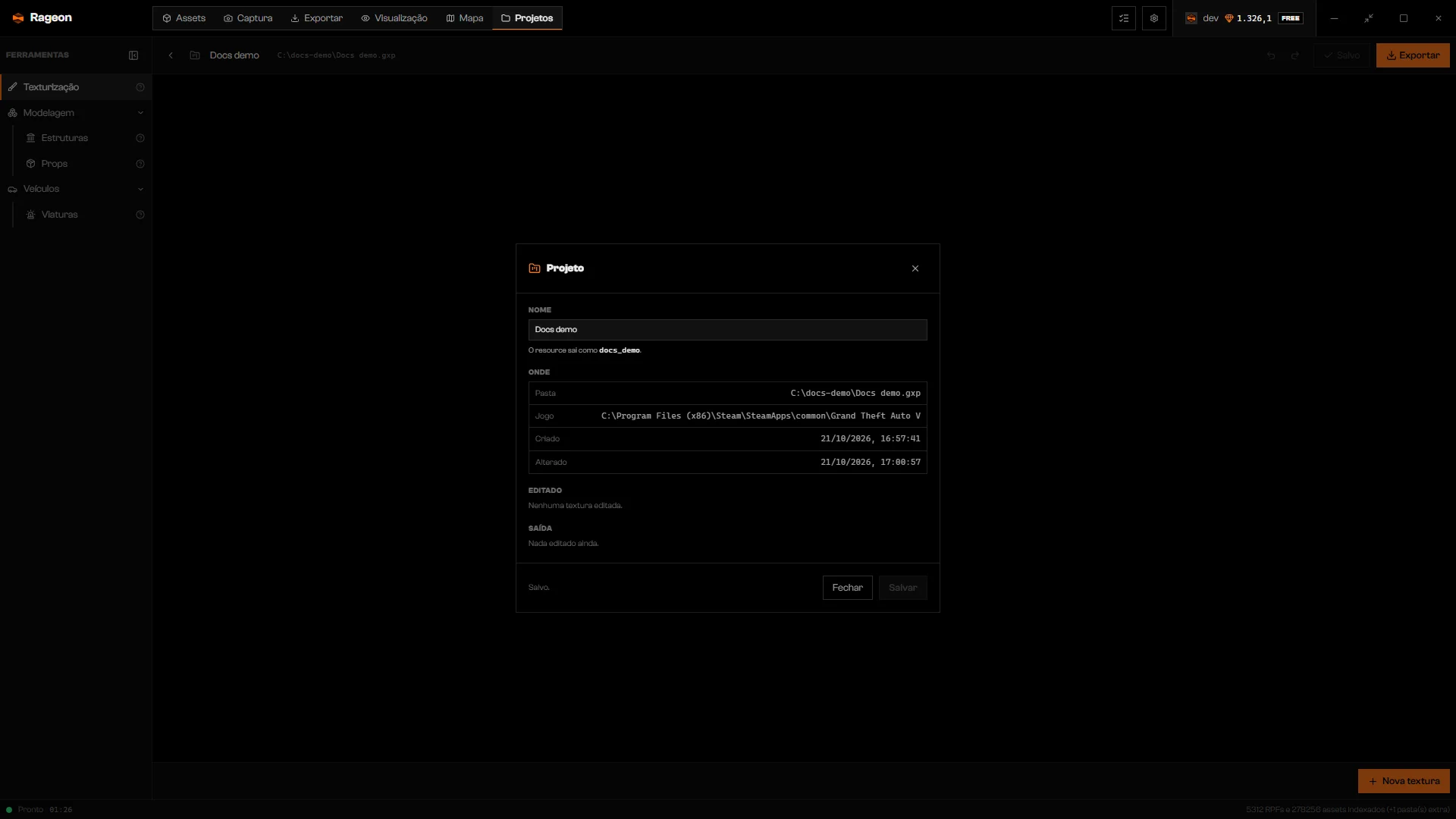 Ficha do projeto com nome, nome da pasta do resource e datas