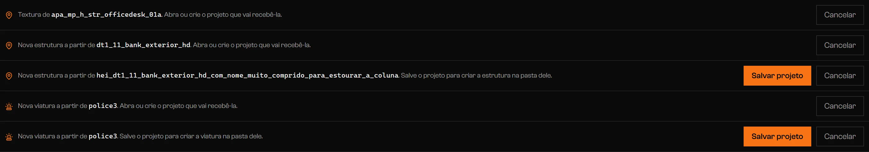 Barra de pedido pedindo para abrir ou criar um projeto