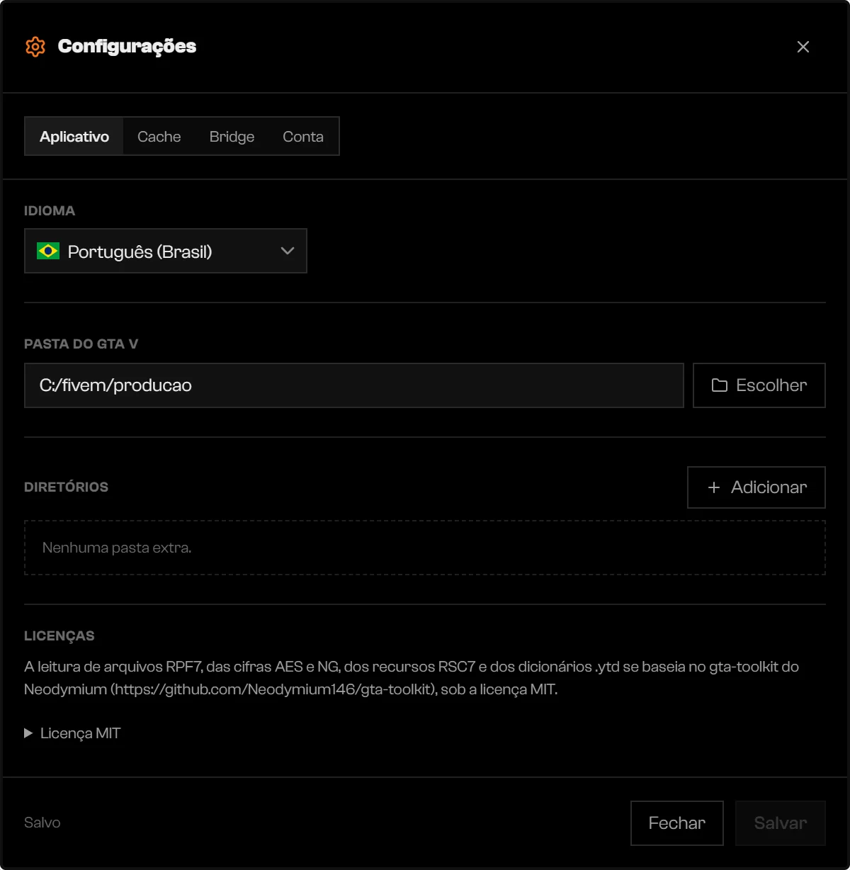 Aba App das Configurações com Idioma, Pasta do GTA V, Diretórios e Licenças