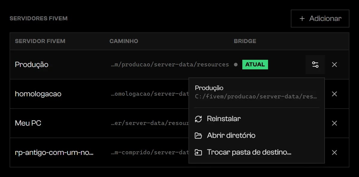 Menu Ações com Instalar, Abrir diretório e Trocar pasta de destino